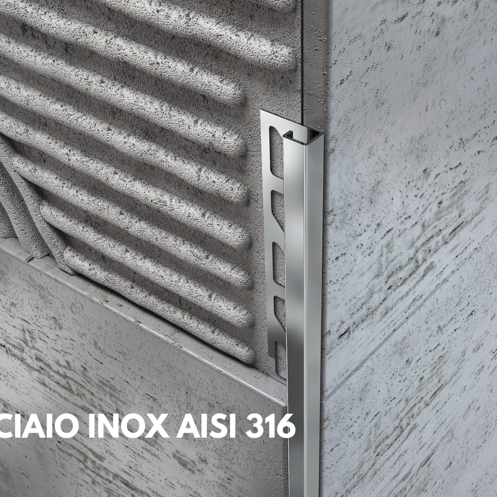 Profilo in ACCIAIO INOX AISI 316 sezione quadra per piastrelle. Barra 2.7 m